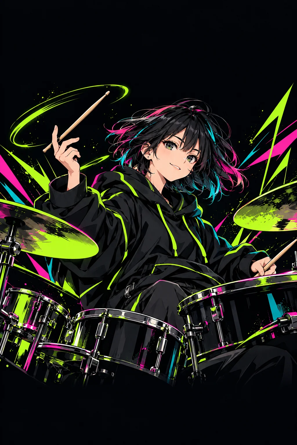 Manga-Drummerin mit schwarzen Drums und Neonfarben